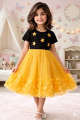Girls’ Floral Tulle Party Dress – Black & Mustard Yellow Princess Dress