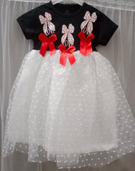 Girls’ Love Bow Party Dress – Black & White Tulle Dress with Red Ribbon Accents