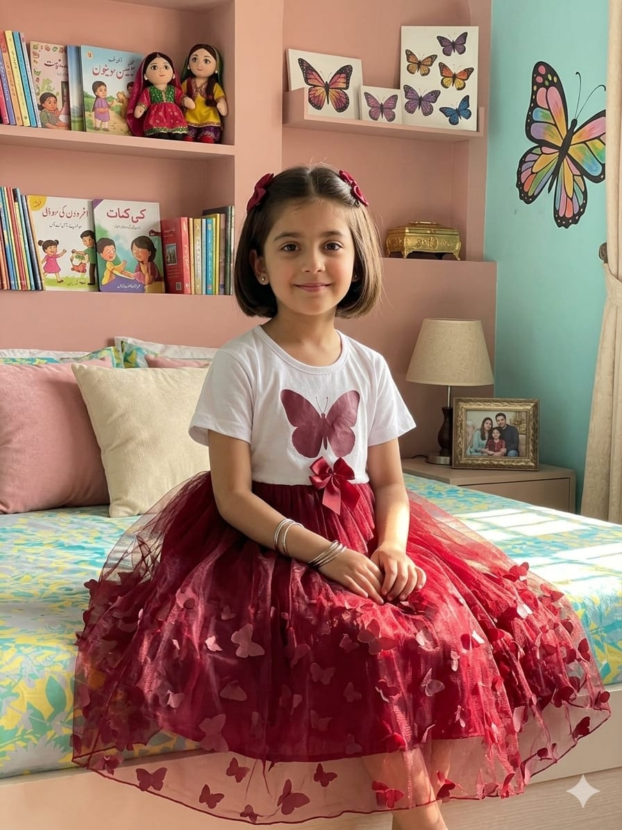 Girls’ Butterfly Tulle Party Dress – White & Burgundy Princess Dress