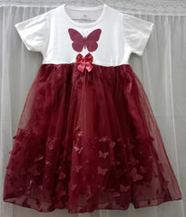 Girls’ Butterfly Tulle Party Dress – White & Burgundy Princess Dress