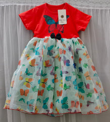 Girls’ Butterfly Print Party Dress – Coral Red & Multicolor Tulle Dress