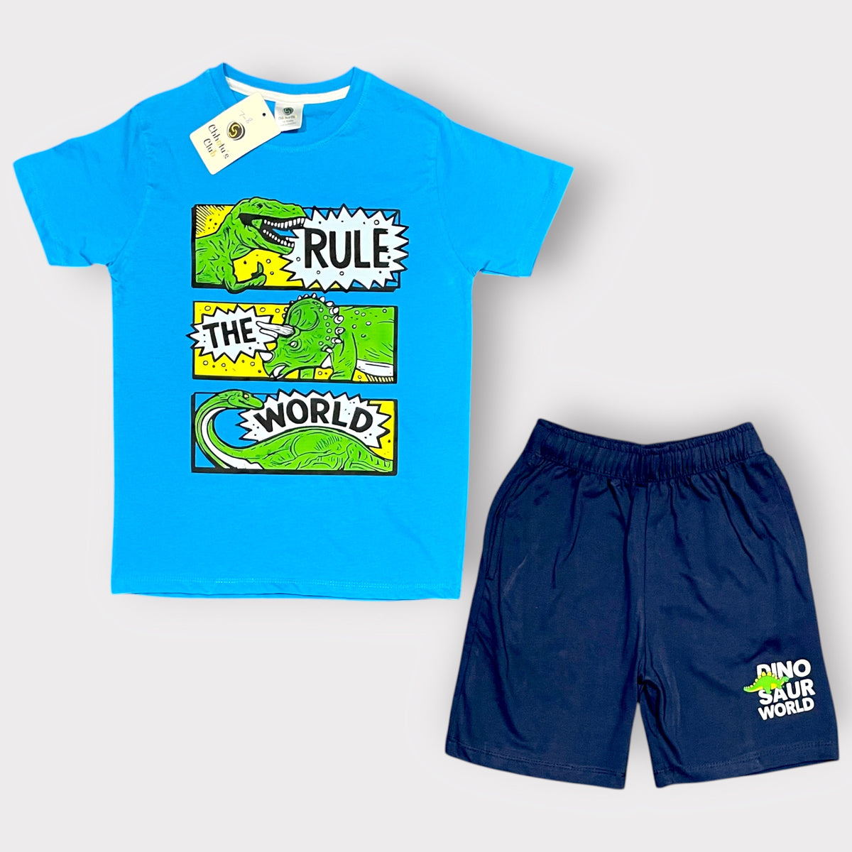 Kids Dinosaur World Summer Outfit Set – Rule the World Graphic T-Shirt & Navy Shorts