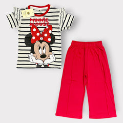 Girls Minnie Mouse Striped T-Shirt & Red Wide-Leg Pants Set