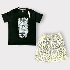 Kids Mickey Mouse Graphic Summer Outfit Set – Black T-Shirt & Printed Shorts