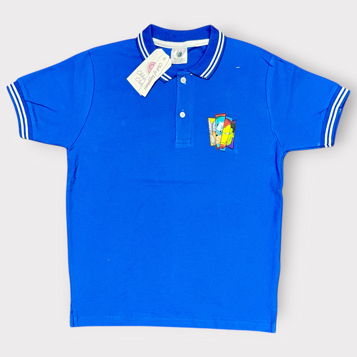 Kids Royal Blue Polo T-Shirt with Striped Collar & Sleeve Cuffs