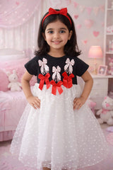 Girls’ Love Bow Party Dress – Black & White Tulle Dress with Red Ribbon Accents