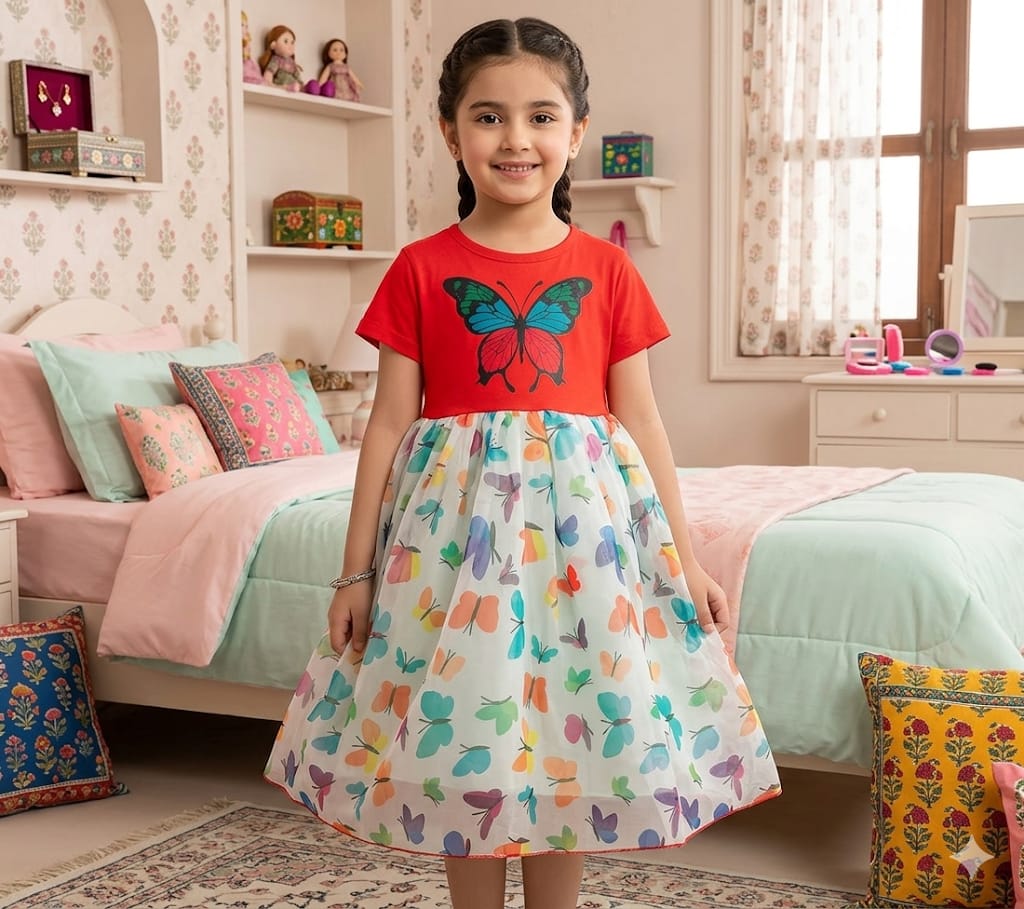 Girls’ Butterfly Print Party Dress – Coral Red & Multicolor Tulle Dress