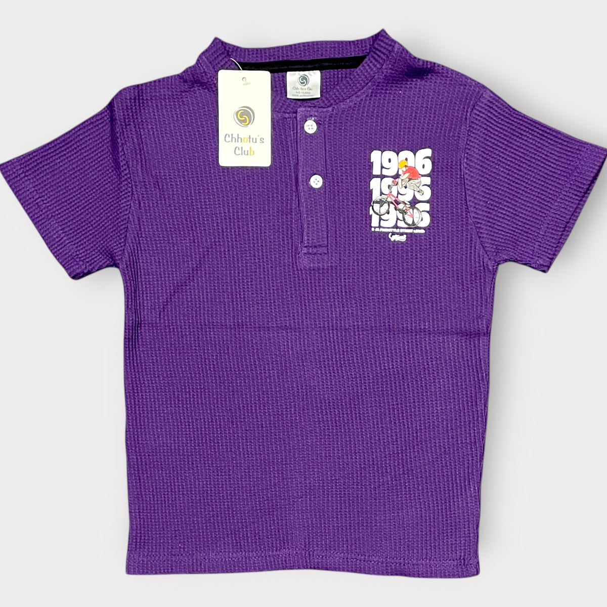 Kids Purple Textured Henley T-Shirt with Bicycle Graphic