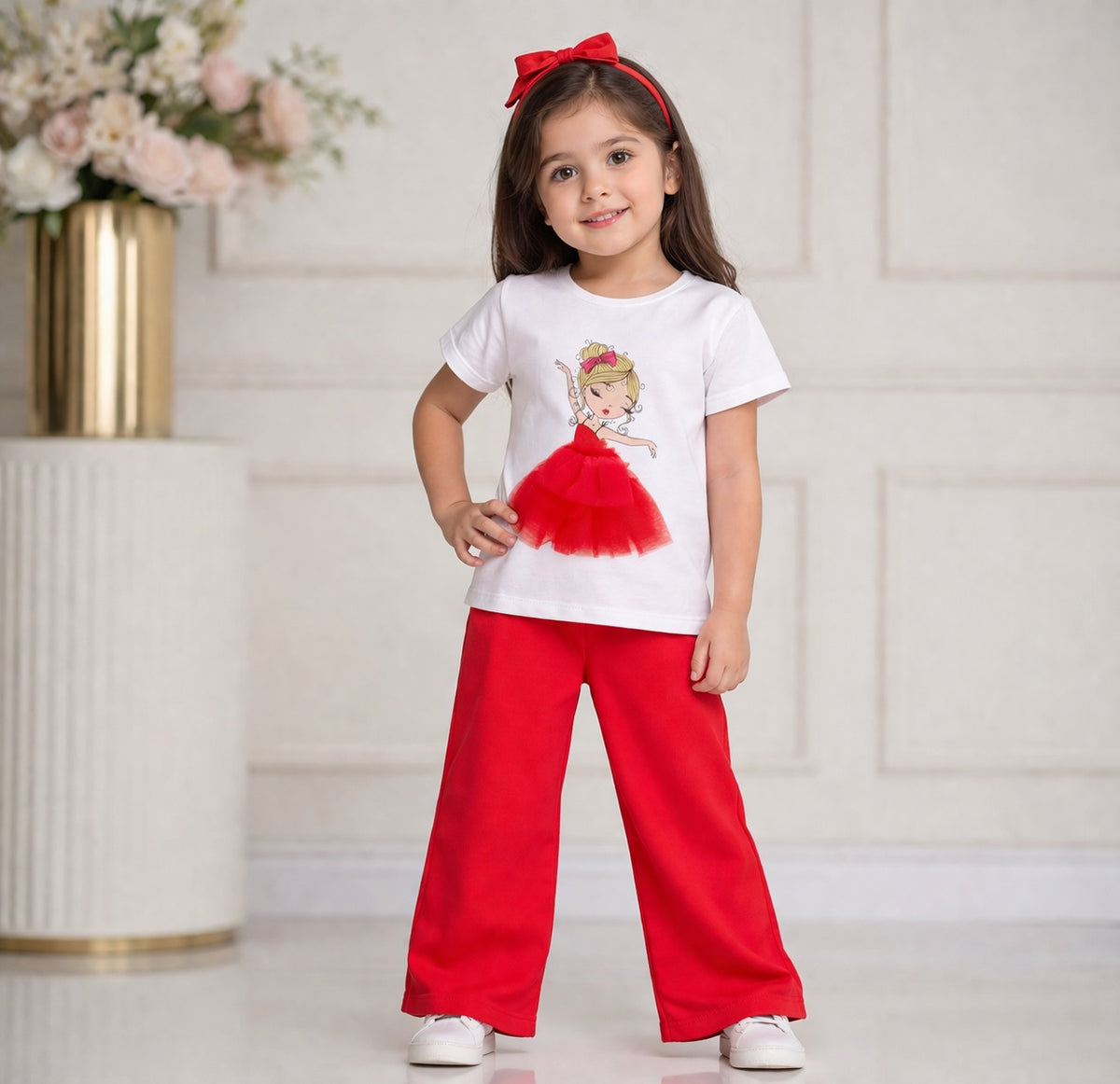 Girls Princess Tulle Graphic T-Shirt & Red Flare Pants Set