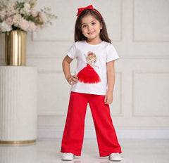 Girls Princess Tulle Graphic T-Shirt & Red Flare Pants Set