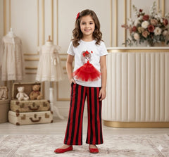 Girls 3D Tulle Princess T-Shirt & Red Striped Flare Pants Set