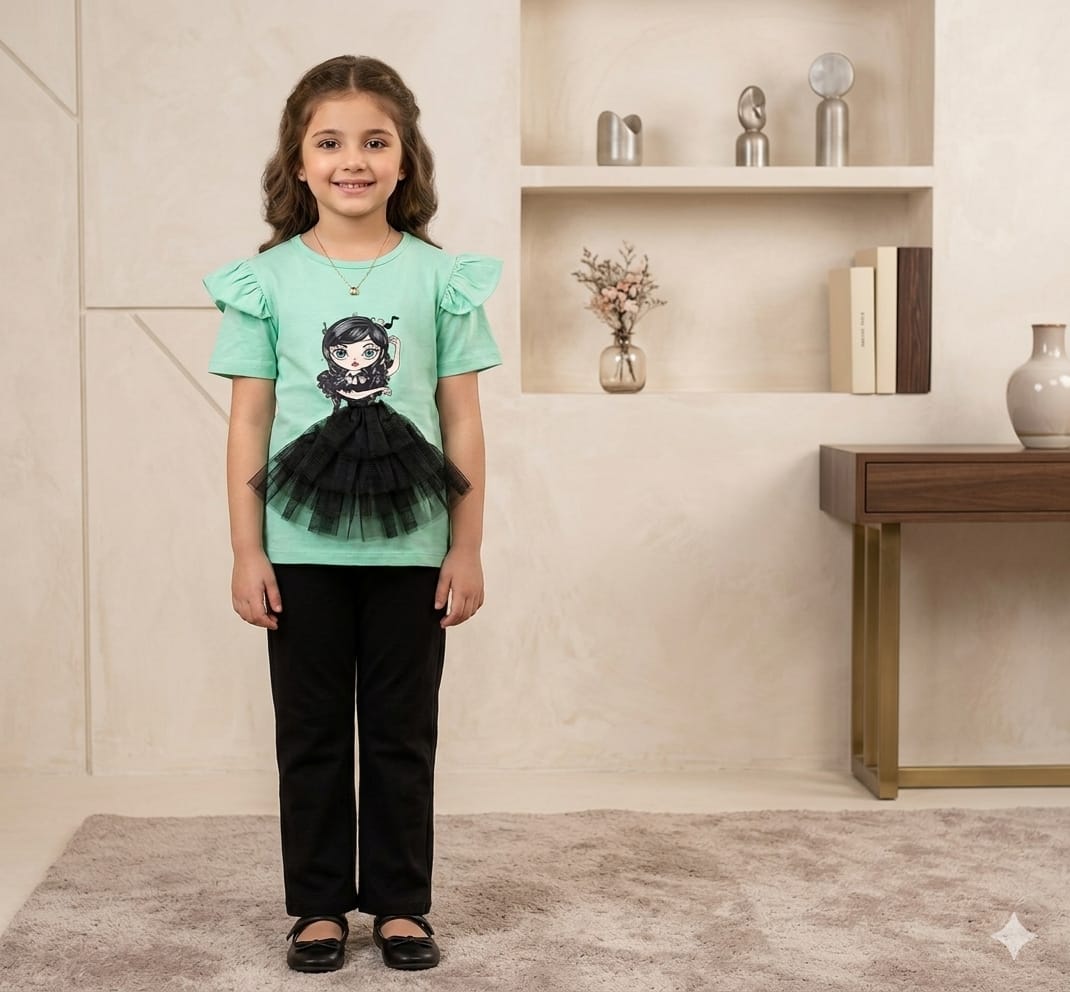 Girls Mint Green 3D Tulle Doll T-Shirt & Black Straight-Leg Pants Set