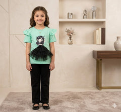 Girls Mint Green 3D Tulle Doll T-Shirt & Black Straight-Leg Pants Set
