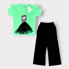 Girls Mint Green 3D Tulle Doll T-Shirt & Black Straight-Leg Pants Set