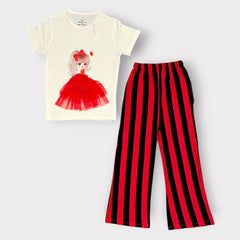 Girls 3D Tulle Princess T-Shirt & Red Striped Flare Pants Set