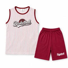 Kids Basketball Jersey & Shorts Set – Red & White Pinstripe Sports Outfit