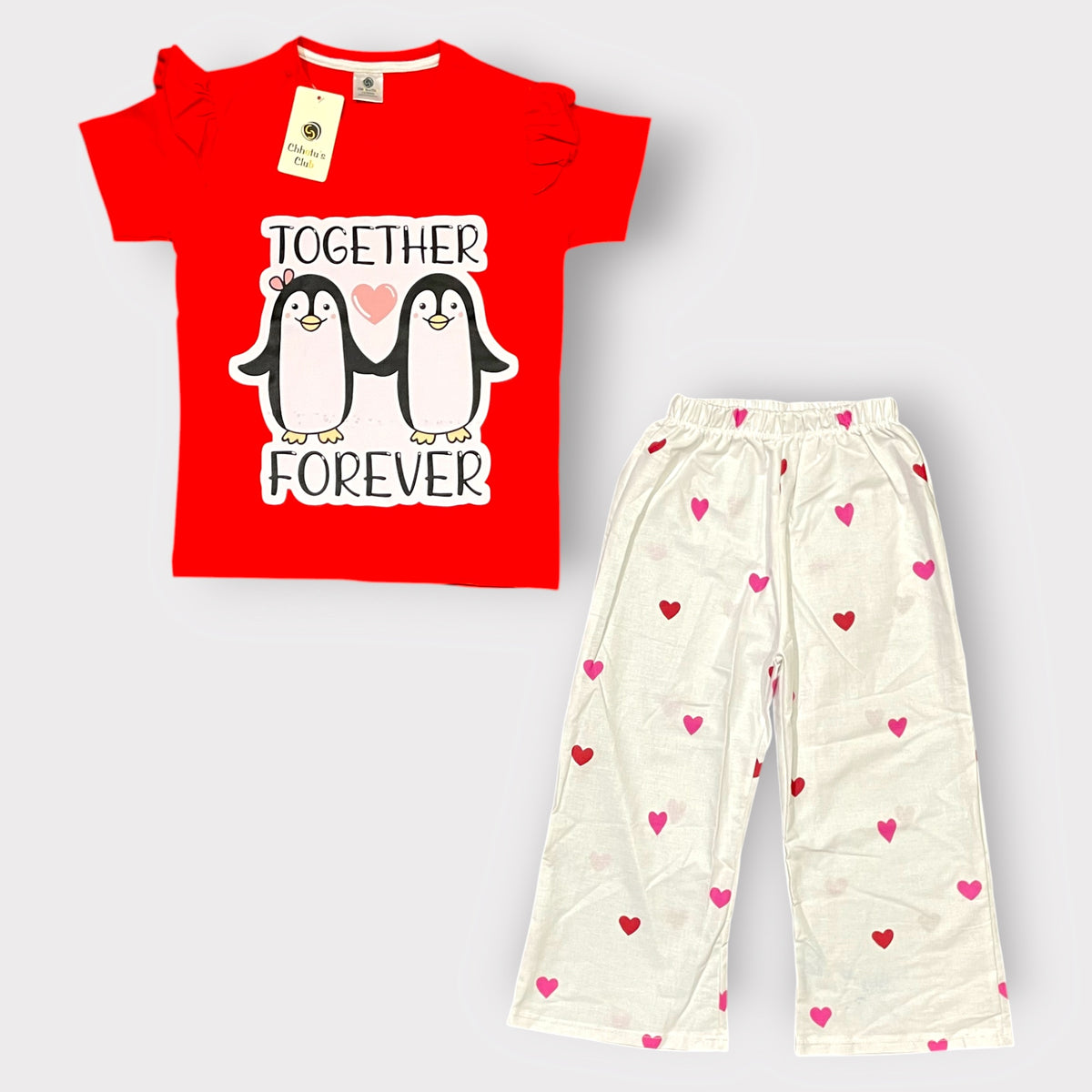 Girls "Together Forever" Penguin Graphic T-Shirt & Heart Print Wide-Leg Pants Set