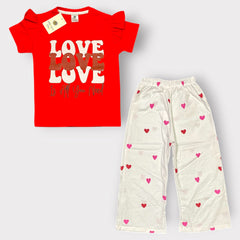 Girls "Love Is All You Need" Graphic T-Shirt & Heart Print Wide-Leg Pants Set
