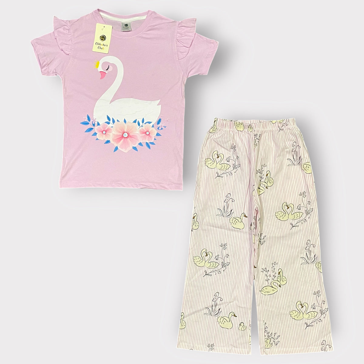 Girls Swan Graphic T-Shirt & Swan Print Wide-Leg Pants Set