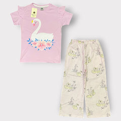 Girls Swan Graphic T-Shirt & Swan Print Wide-Leg Pants Set