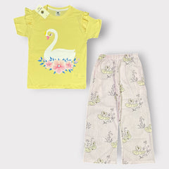 Girls Swan Graphic T-Shirt & Swan Print Wide-Leg Pants Set
