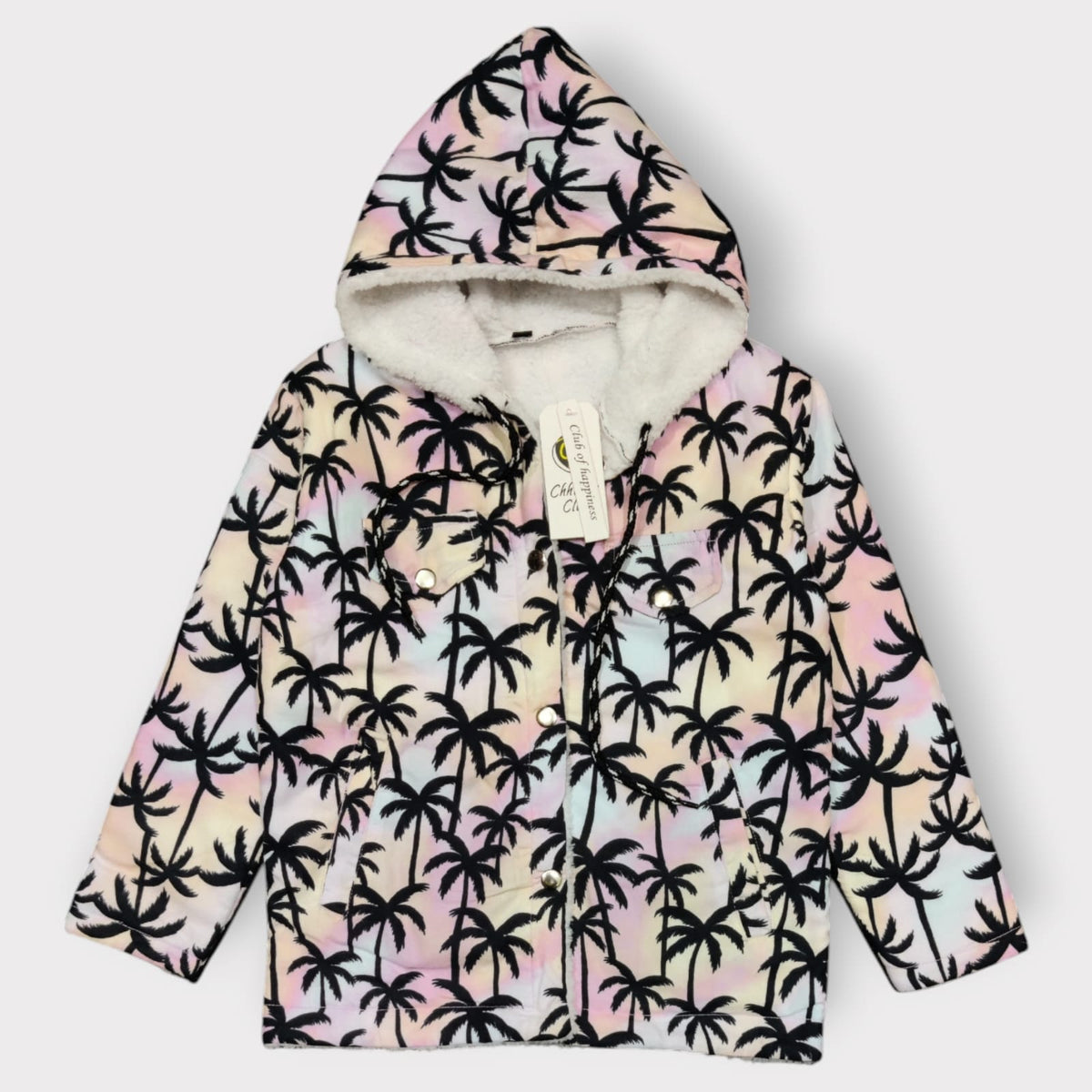 Pastel Palm Tree Hooded Jacket – Soft Sherpa Lined Winter Coat