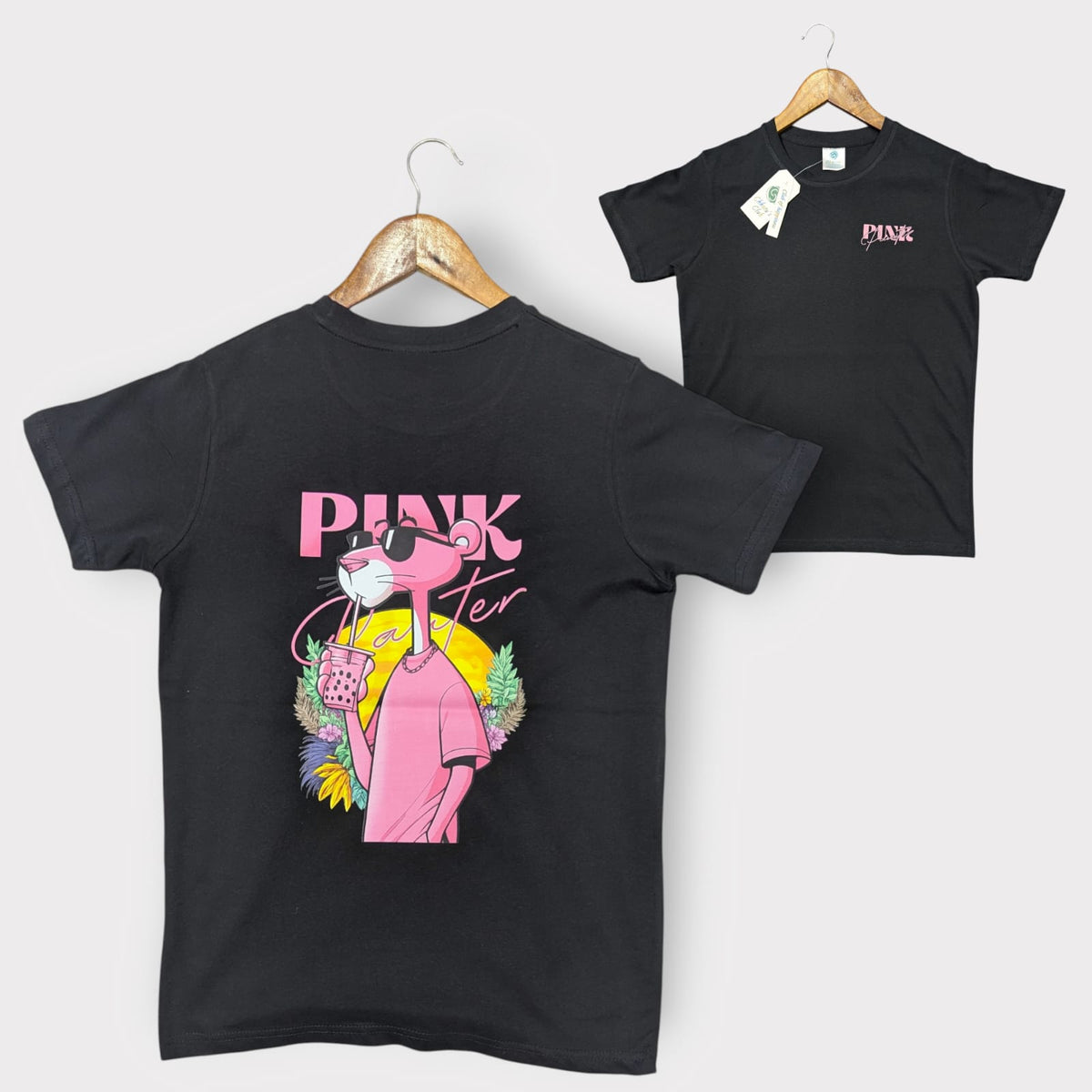 Pink Panther Kids Graphic T-Shirt – Black Short Sleeve Cartoon Tee
