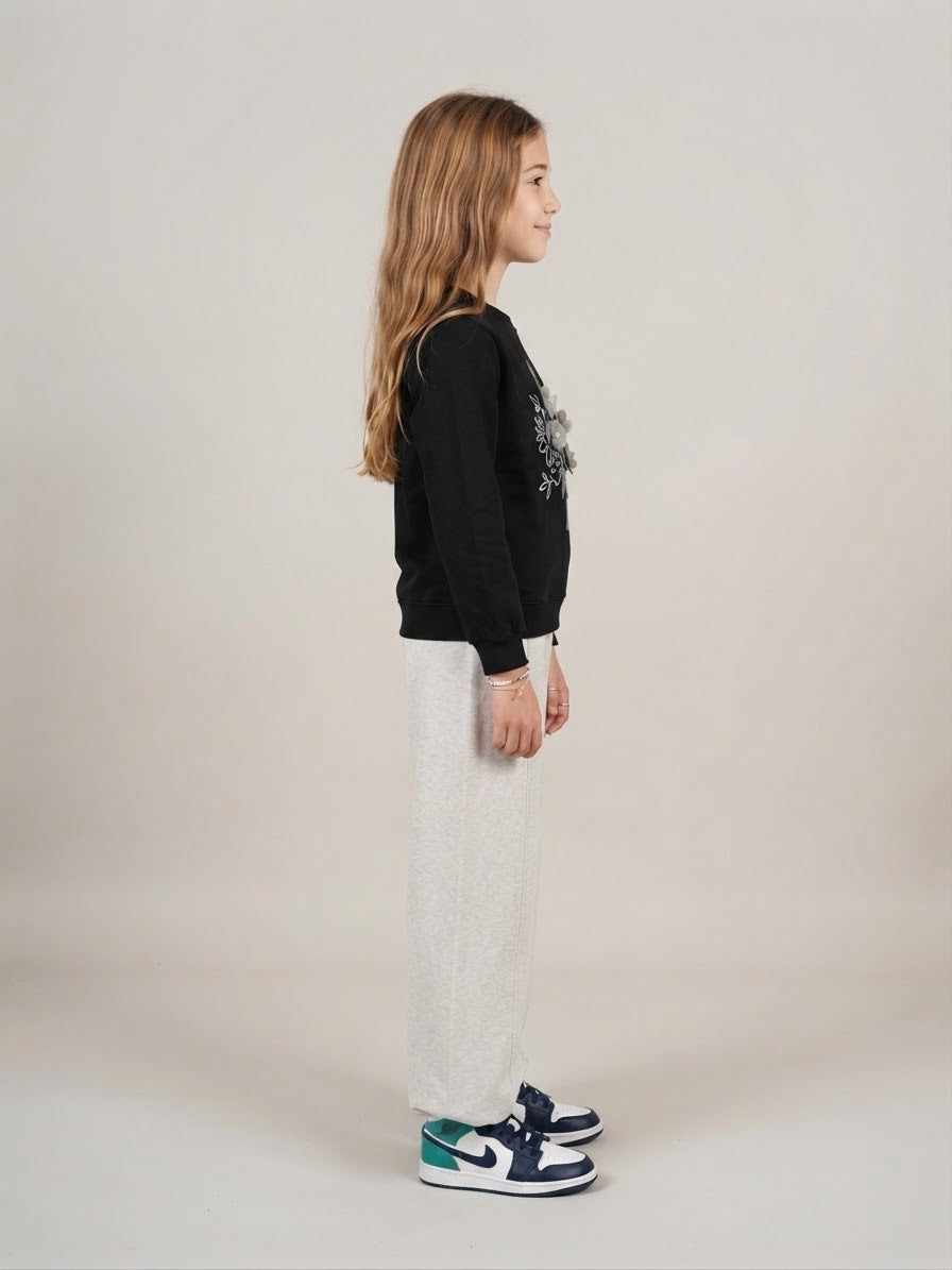 Kids’ Black Floral Sweatshirt & Light Grey Jogger Set