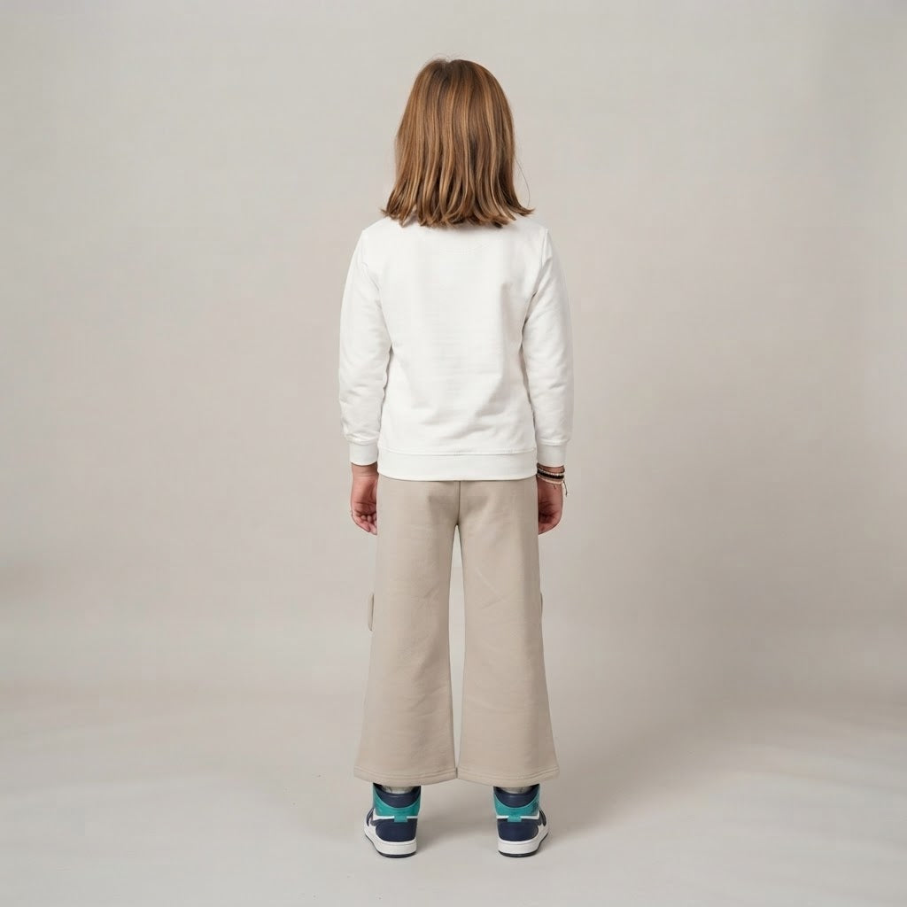 Girls Bow Detail Sweatshirt & Wide-Leg Pants Set – White & Beige