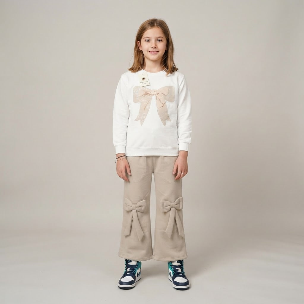Girls Bow Detail Sweatshirt & Wide-Leg Pants Set – White & Beige