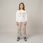 Girls Bow Detail Sweatshirt & Wide-Leg Pants Set – White & Beige