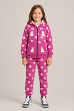 Girls Warm Floral & Bunny Fleece Tracksuit – Pink Winter Hooded Suit