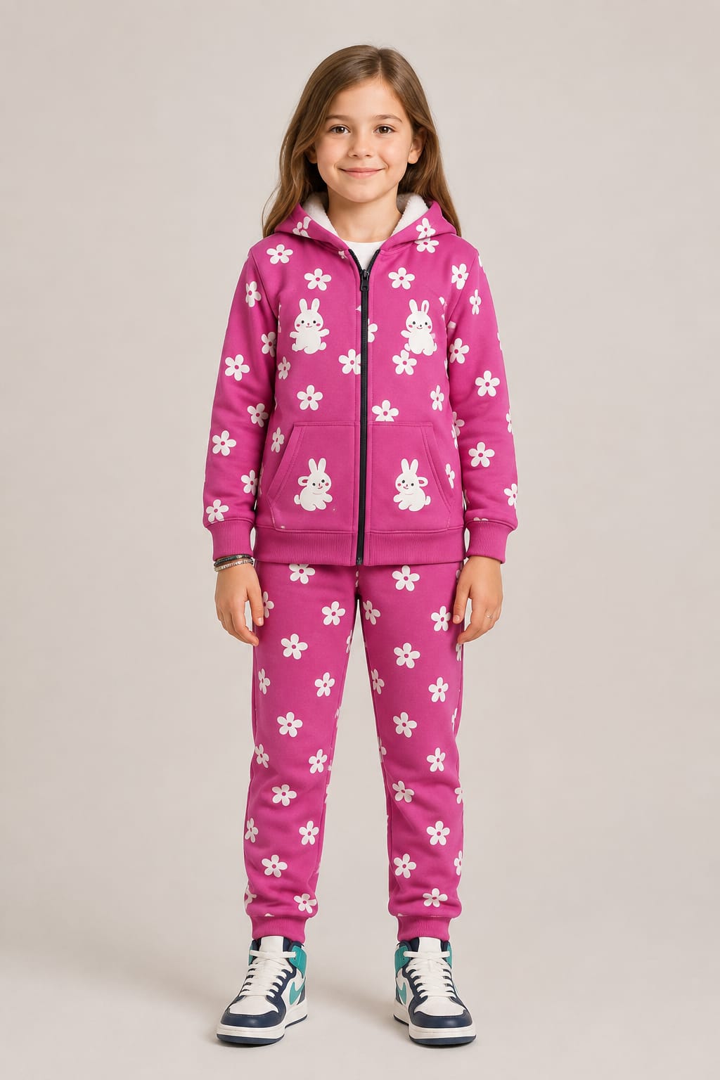 Girls Warm Floral & Bunny Fleece Tracksuit – Pink Winter Hooded Suit