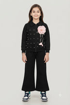 Girls Black 2-Piece Tracksuit Set with Pink Flower Detail