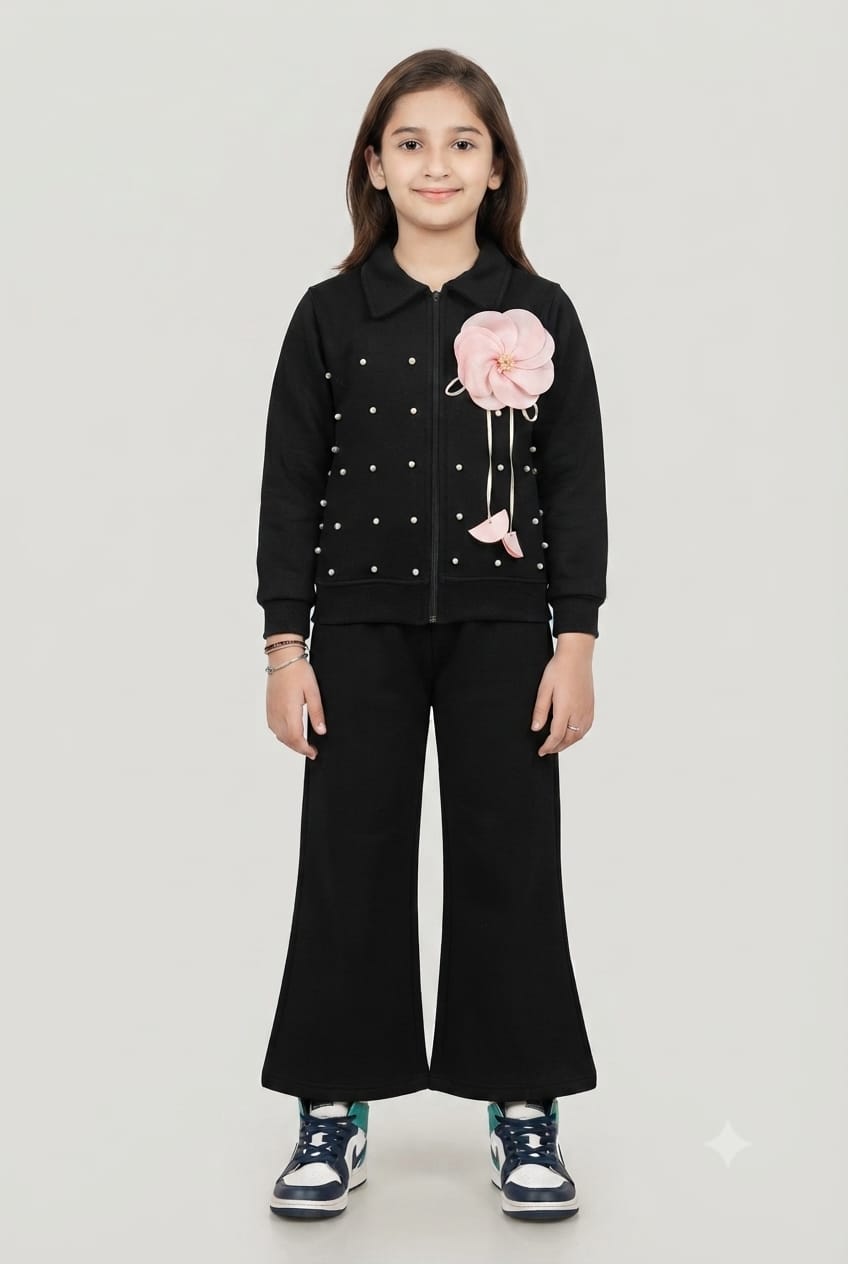 Girls Black 2-Piece Tracksuit Set with Pink Flower Detail