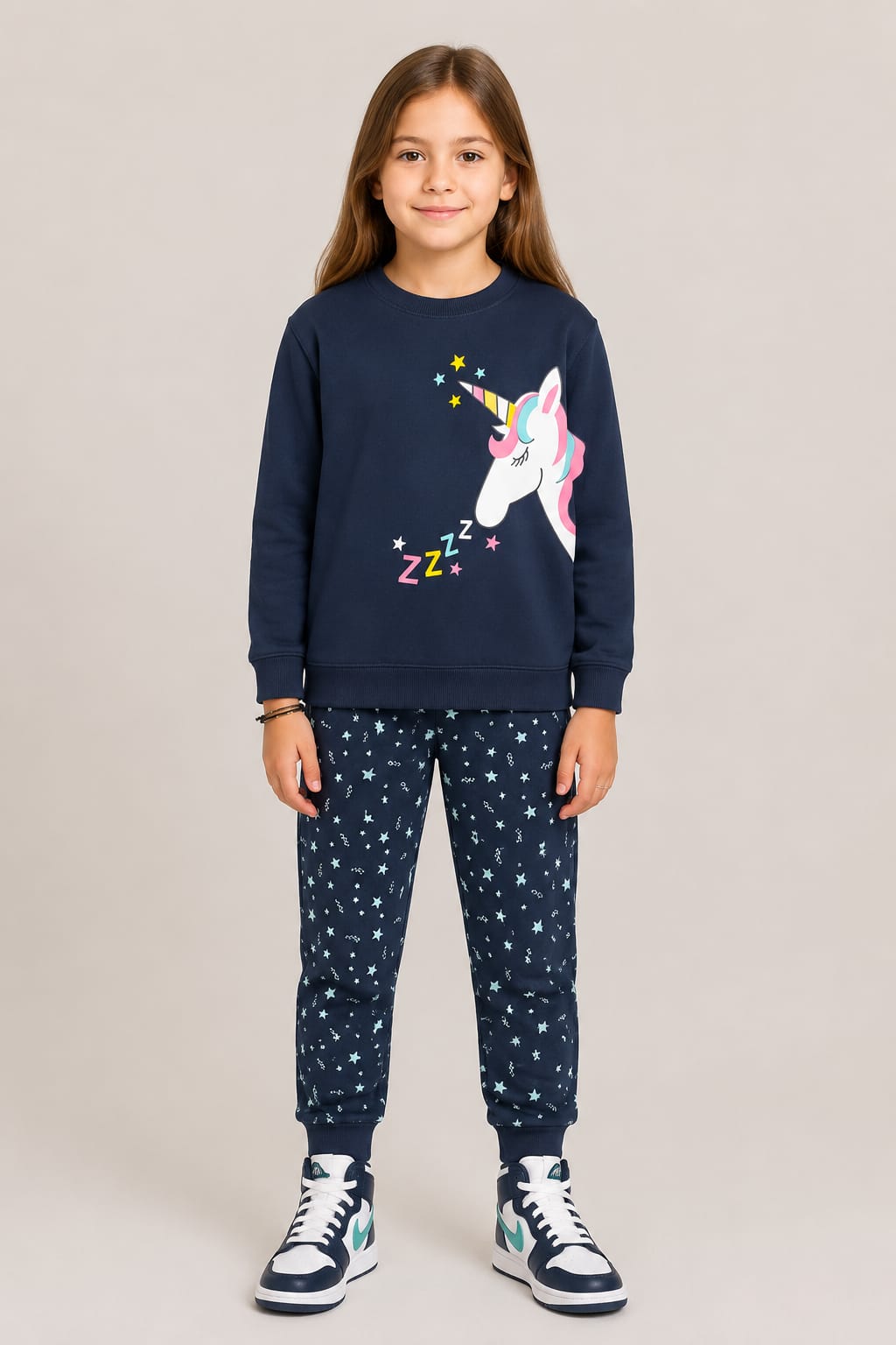 Girls Magical Unicorn & Star Sweatshirt & Joggers Set – Navy Blue Winter Tracksuit