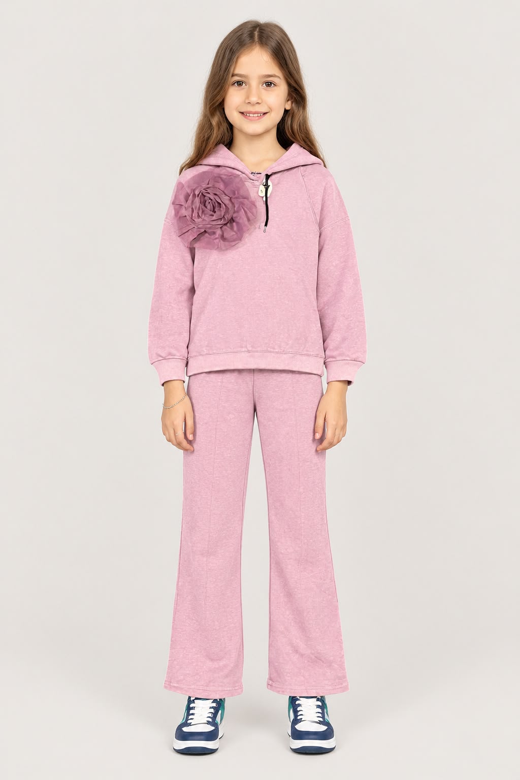 Girls Pink Hoodie & Wide-Leg Pants 2-Piece Set