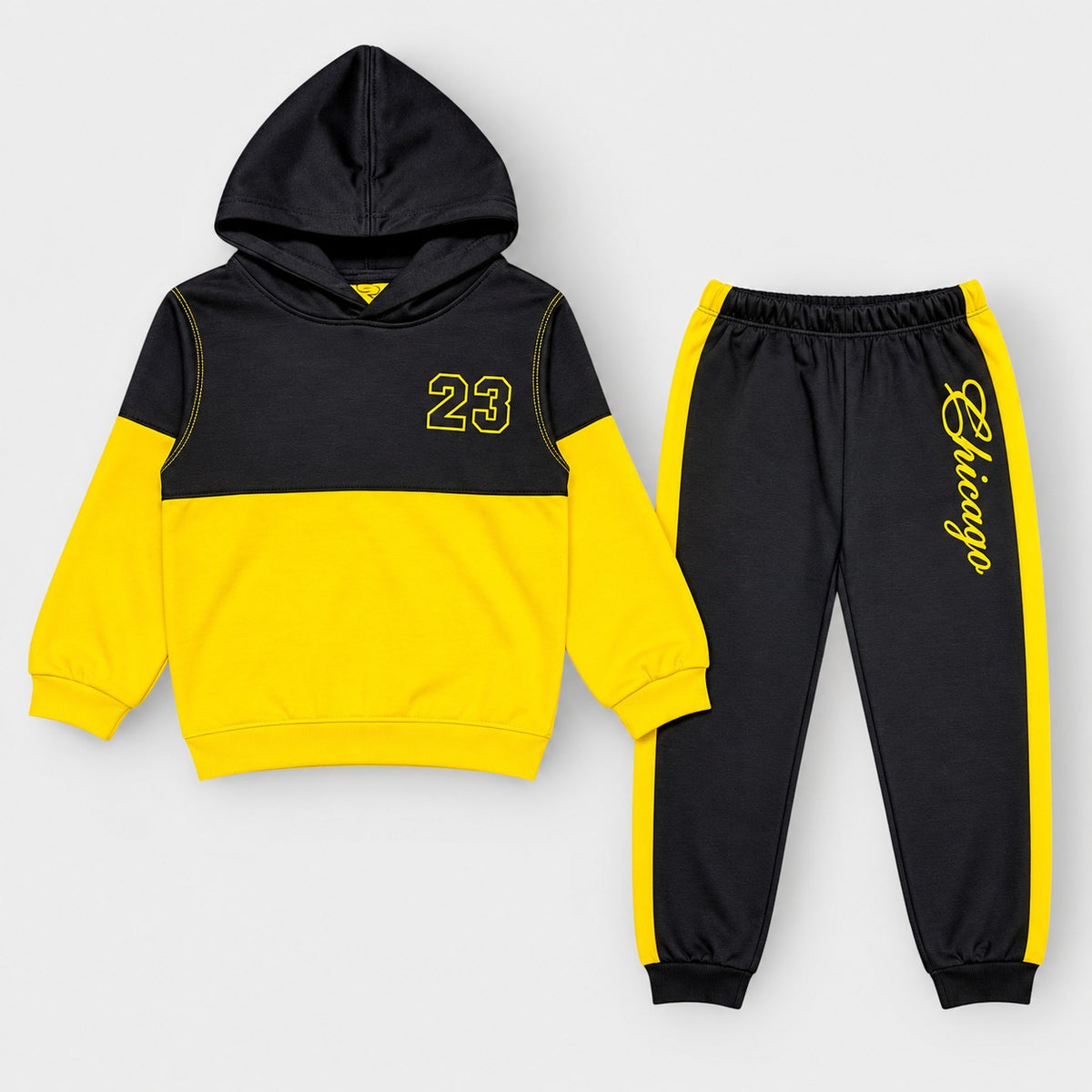 Kids Black & Yellow 23 Printed Hoodie Tracksuit Set
