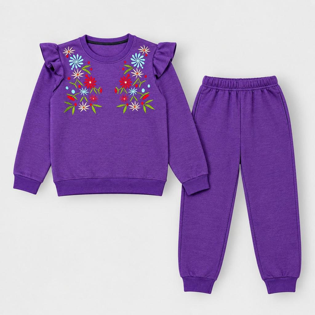 Girls Purple Floral Embroidery Sweatshirt & Jogger Set