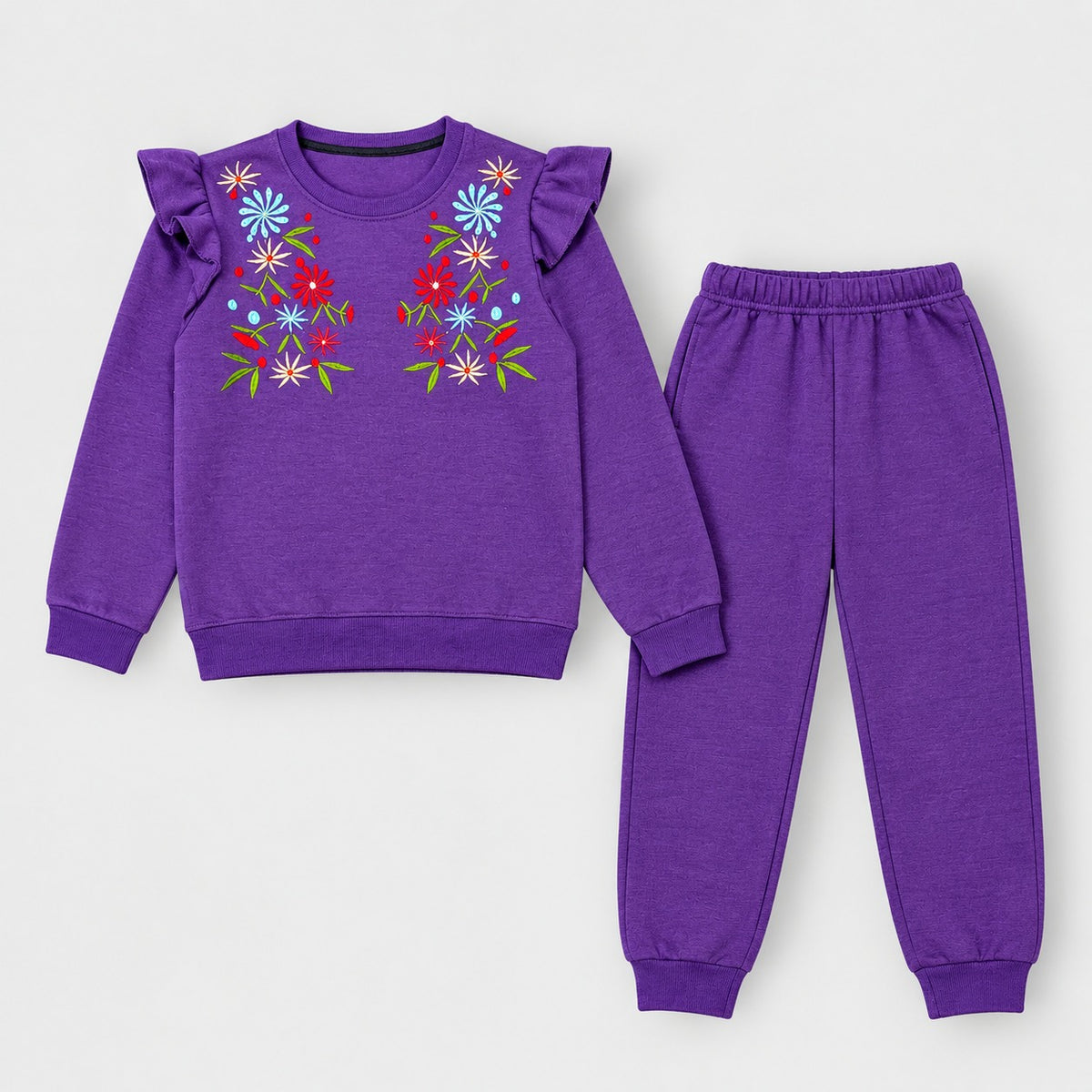 Girls Purple Floral Embroidery Sweatshirt & Jogger Set