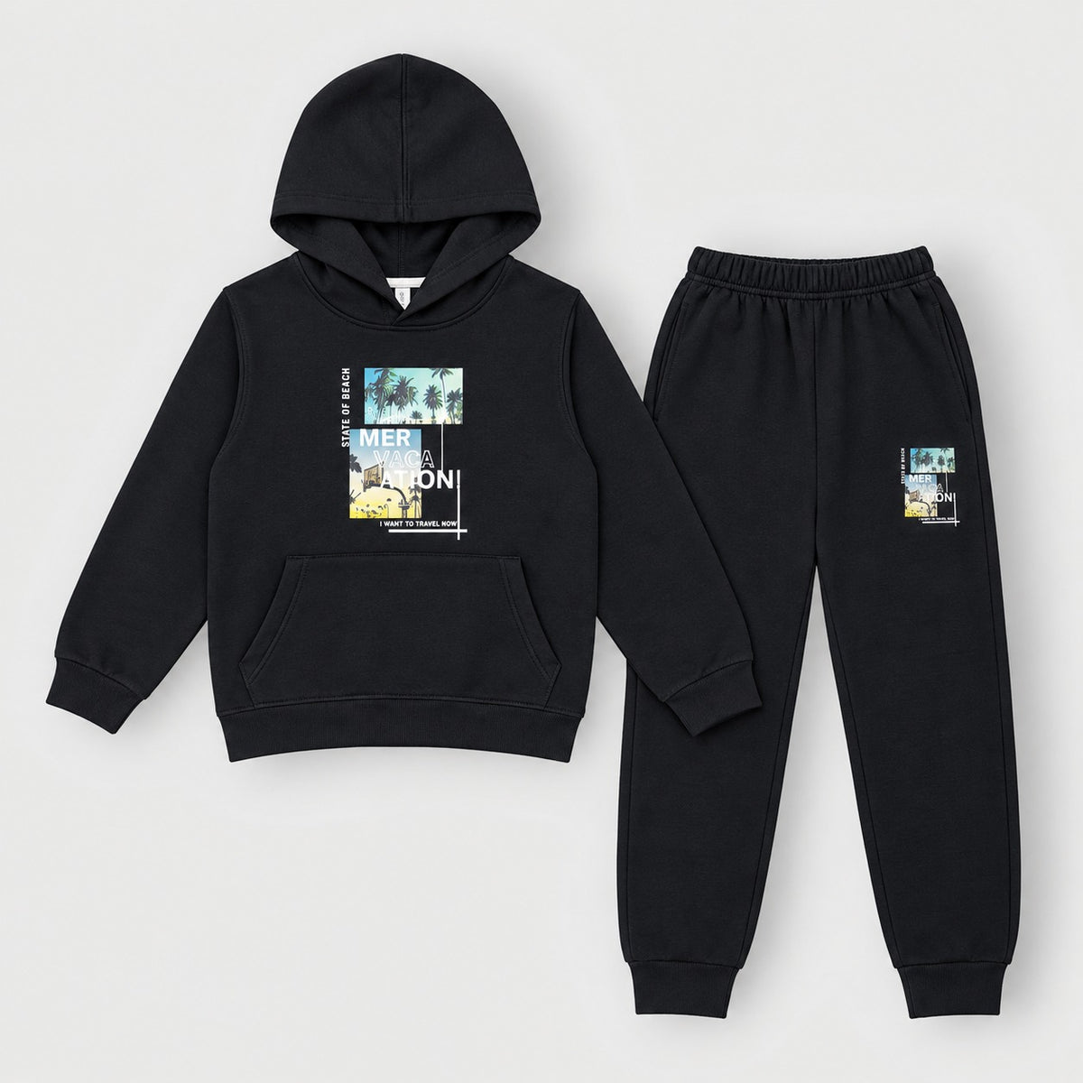 Kids Black Printed Hooded Tracksuit Set – 2 Piece Sweatshirt & Jogger
