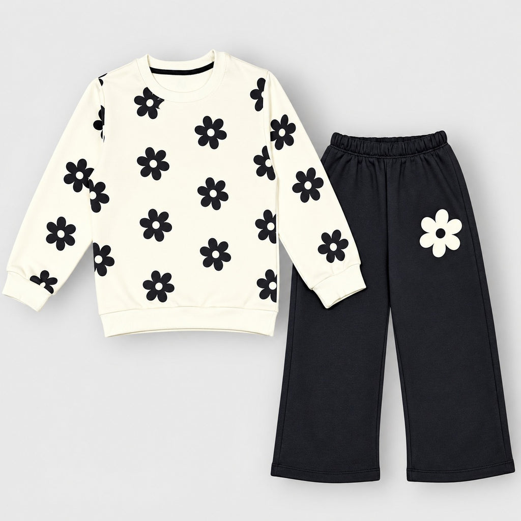 Girls Black & White Floral Printed Sweatshirt & Trouser Set