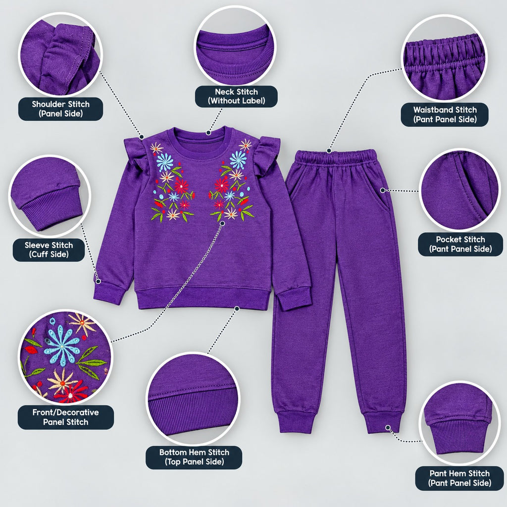 Girls Purple Floral Embroidery Sweatshirt & Jogger Set
