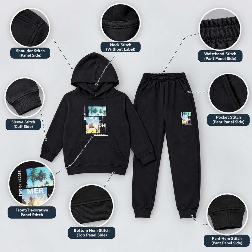 Kids Black Printed Hooded Tracksuit Set – 2 Piece Sweatshirt & Jogger