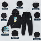Kids Black Printed Hooded Tracksuit Set – 2 Piece Sweatshirt & Jogger