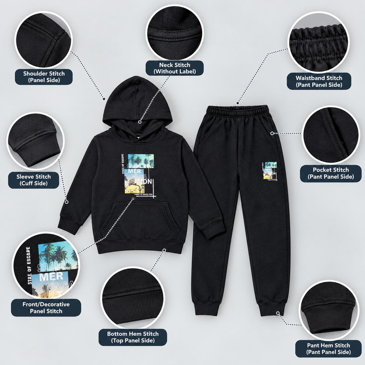 Kids Black Printed Hooded Tracksuit Set – 2 Piece Sweatshirt & Jogger