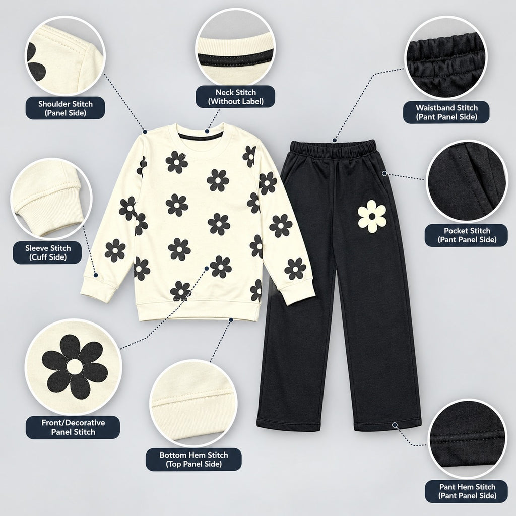 Girls Black & White Floral Printed Sweatshirt & Trouser Set