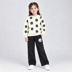 Girls Black & White Floral Printed Sweatshirt & Trouser Set