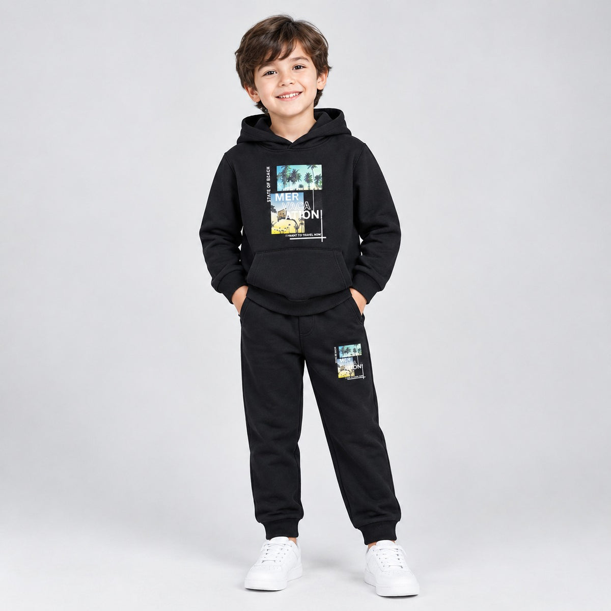 Kids Black Printed Hooded Tracksuit Set – 2 Piece Sweatshirt & Jogger