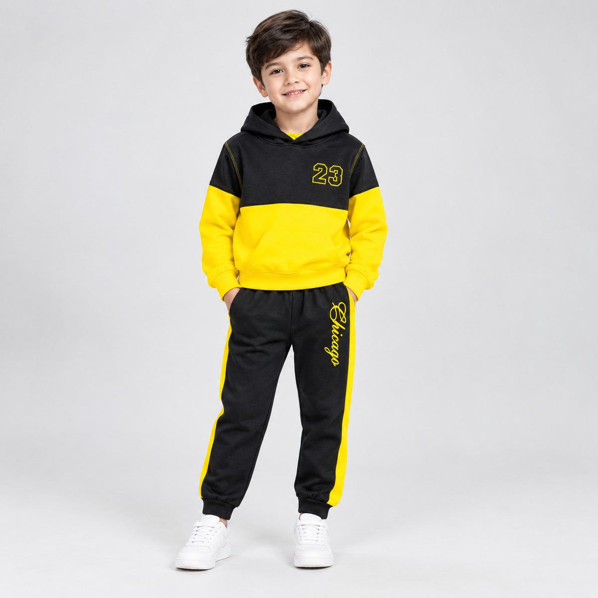Kids Black & Yellow 23 Printed Hoodie Tracksuit Set